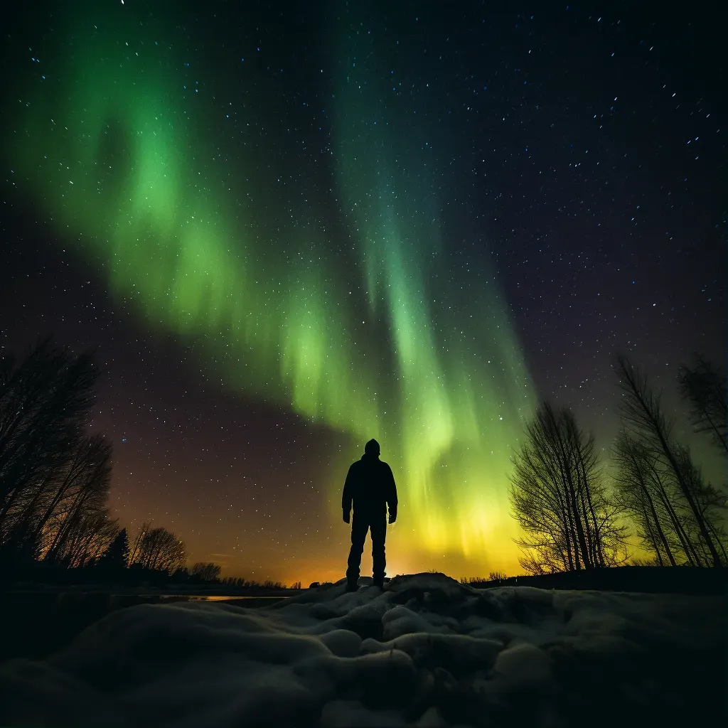 Silhouette watching northern lights in sky - Image 1