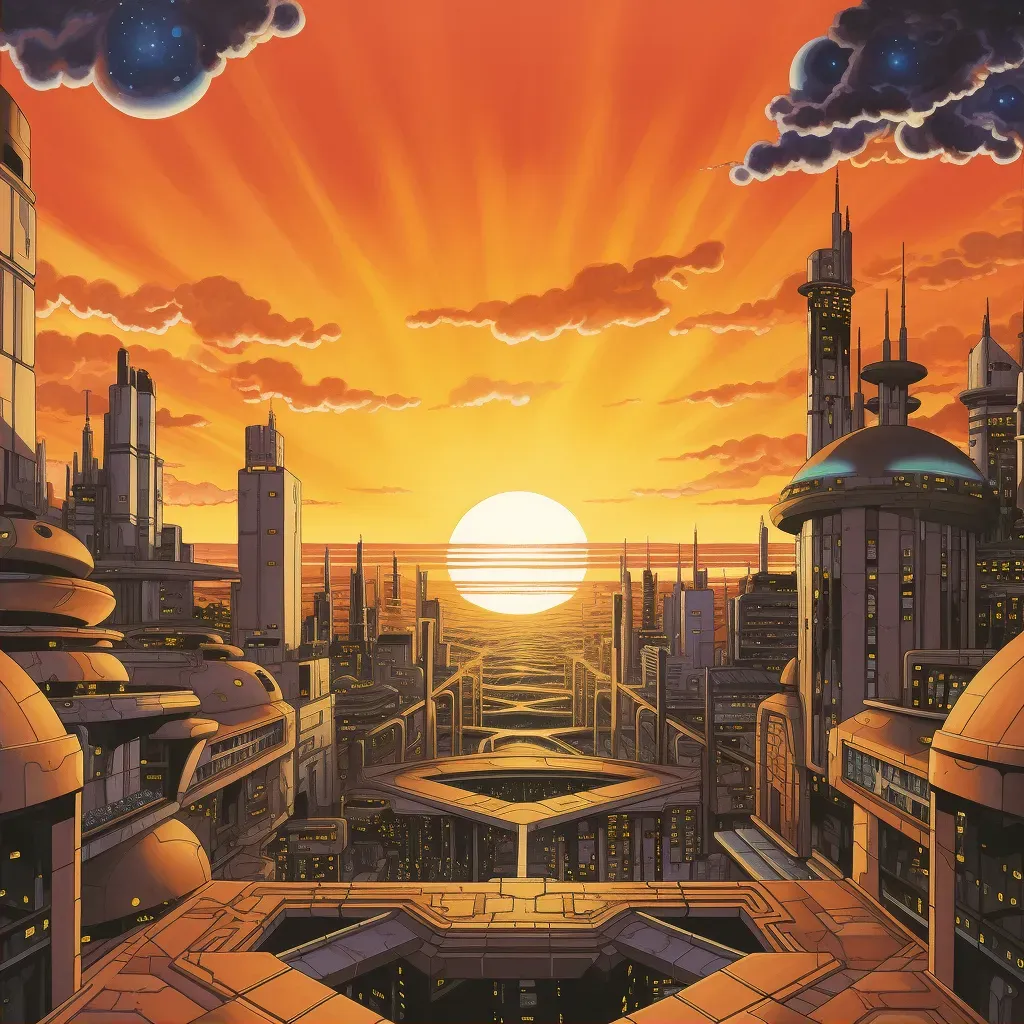 Image of a futuristic cityscape with geometric buildings and monorails at sunset - Image 2