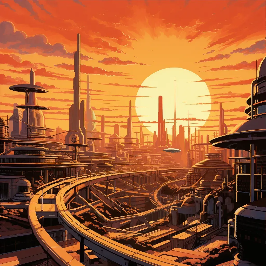 Image of a futuristic cityscape with geometric buildings and monorails at sunset - Image 3