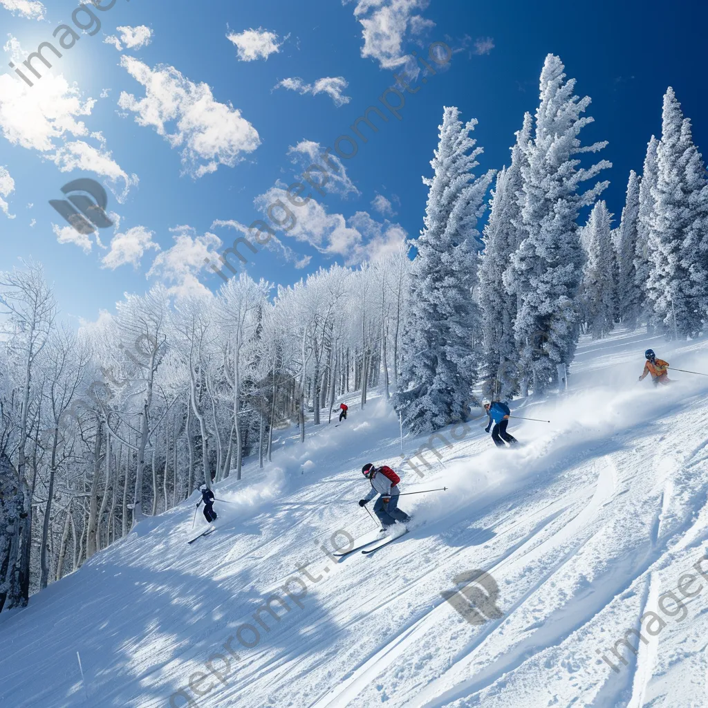 Skiers racing down a snowy slope filled with frosty trees and blue skies - Image 1