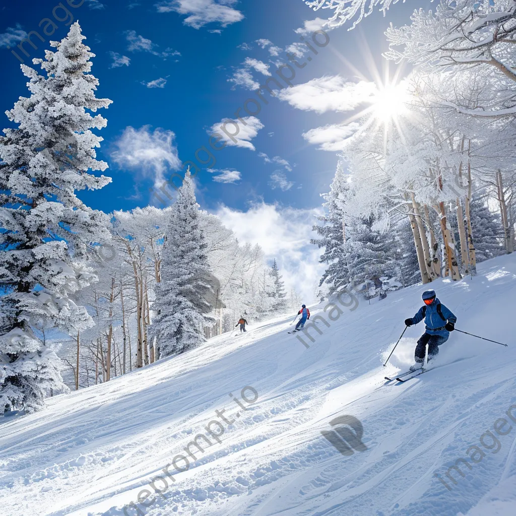 Skiers racing down a snowy slope filled with frosty trees and blue skies - Image 2