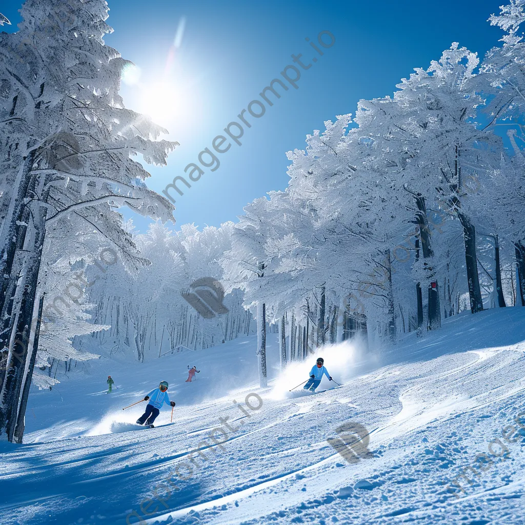 Skiers racing down a snowy slope filled with frosty trees and blue skies - Image 3