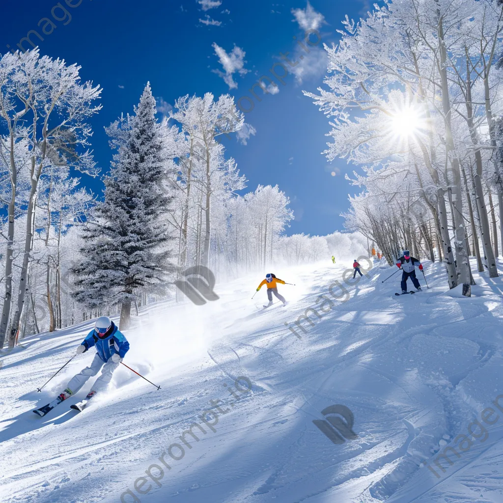 Skiers racing down a snowy slope filled with frosty trees and blue skies - Image 4