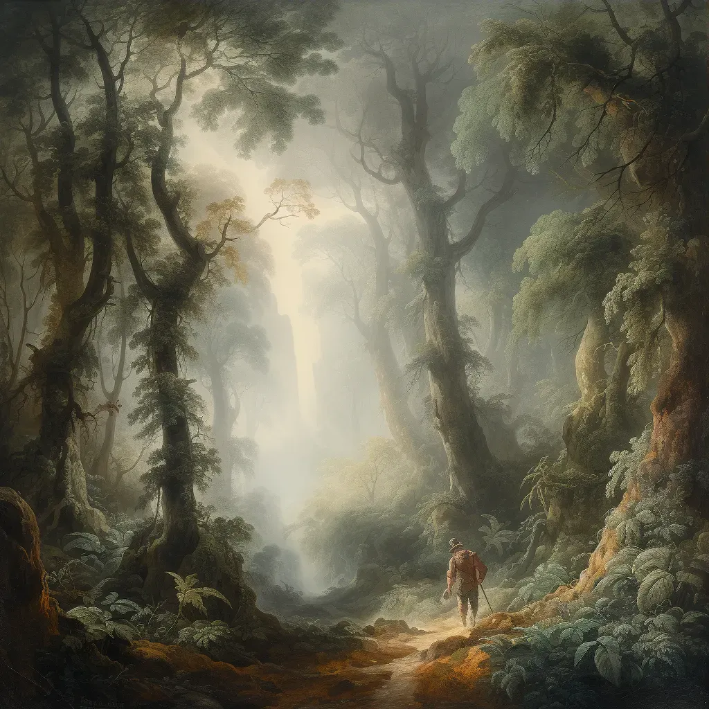 Person walking through foggy forest with tall trees - Image 3