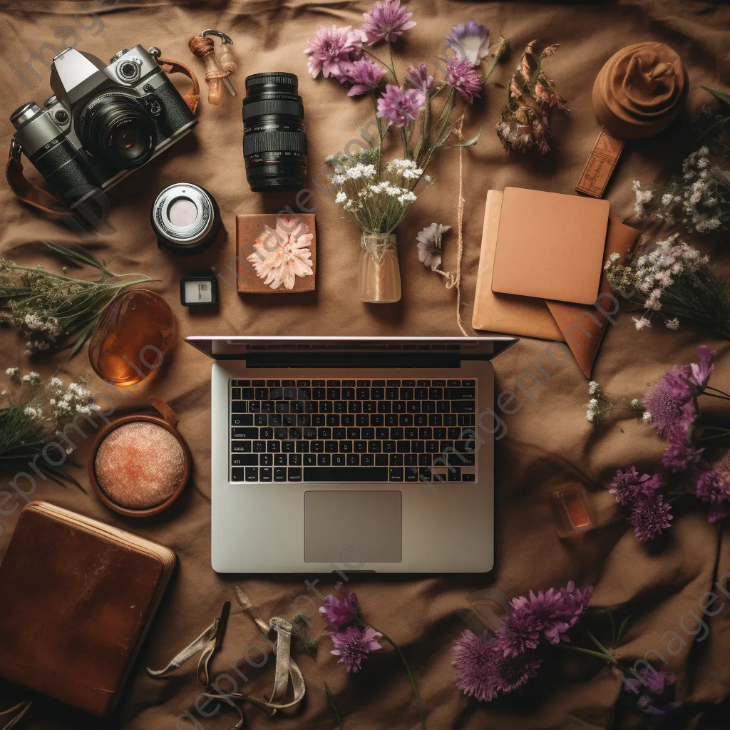 Creative flat lay with a laptop, notebooks, and craft supplies under soft diffused lighting. - Image 1