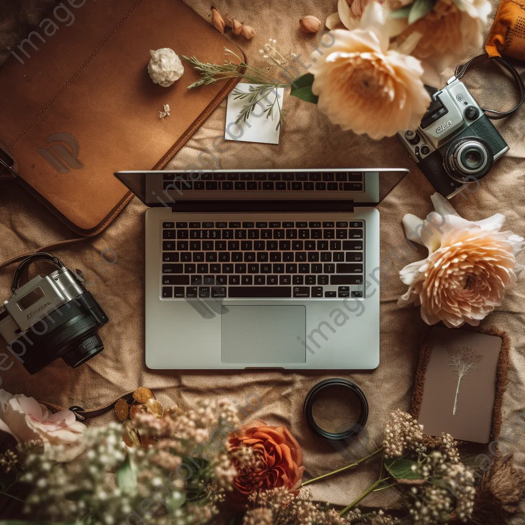 Creative flat lay with a laptop, notebooks, and craft supplies under soft diffused lighting. - Image 2