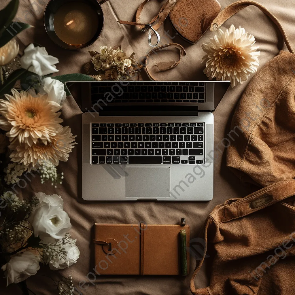 Creative flat lay with a laptop, notebooks, and craft supplies under soft diffused lighting. - Image 3