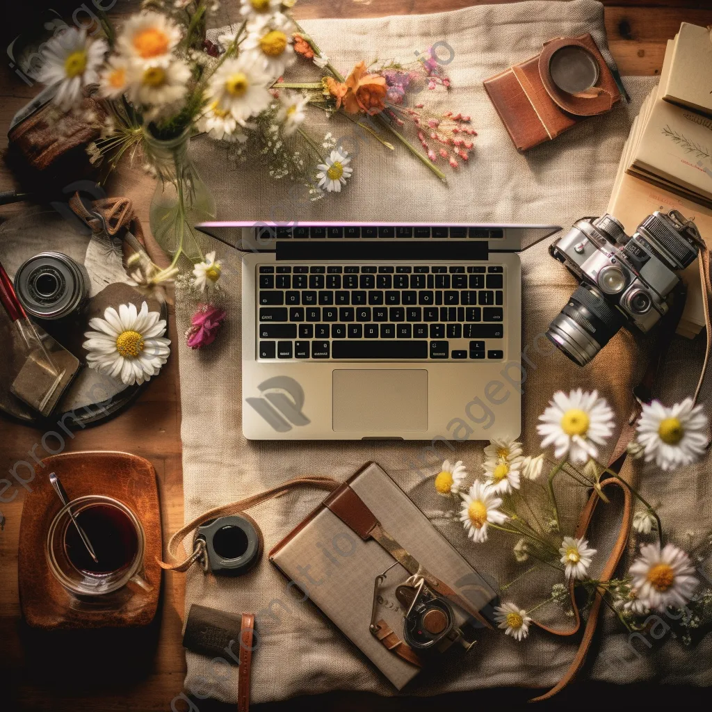 Creative flat lay with a laptop, notebooks, and craft supplies under soft diffused lighting. - Image 4