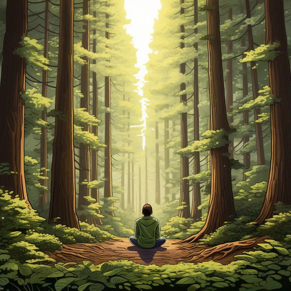 Image of a quiet, tranquil scene of a person meditating in a forest surrounded by tall, ancient trees - Image 1