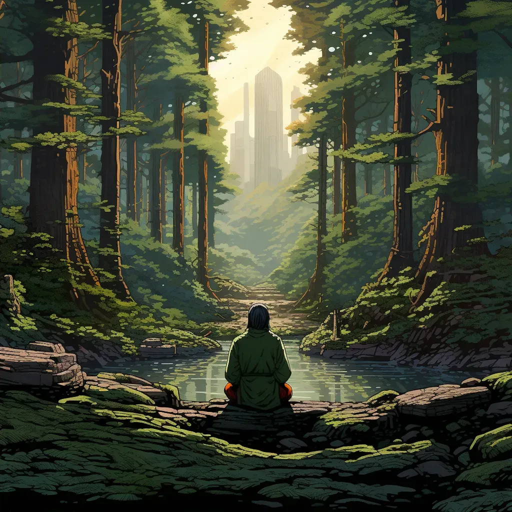 Image of a quiet, tranquil scene of a person meditating in a forest surrounded by tall, ancient trees - Image 2