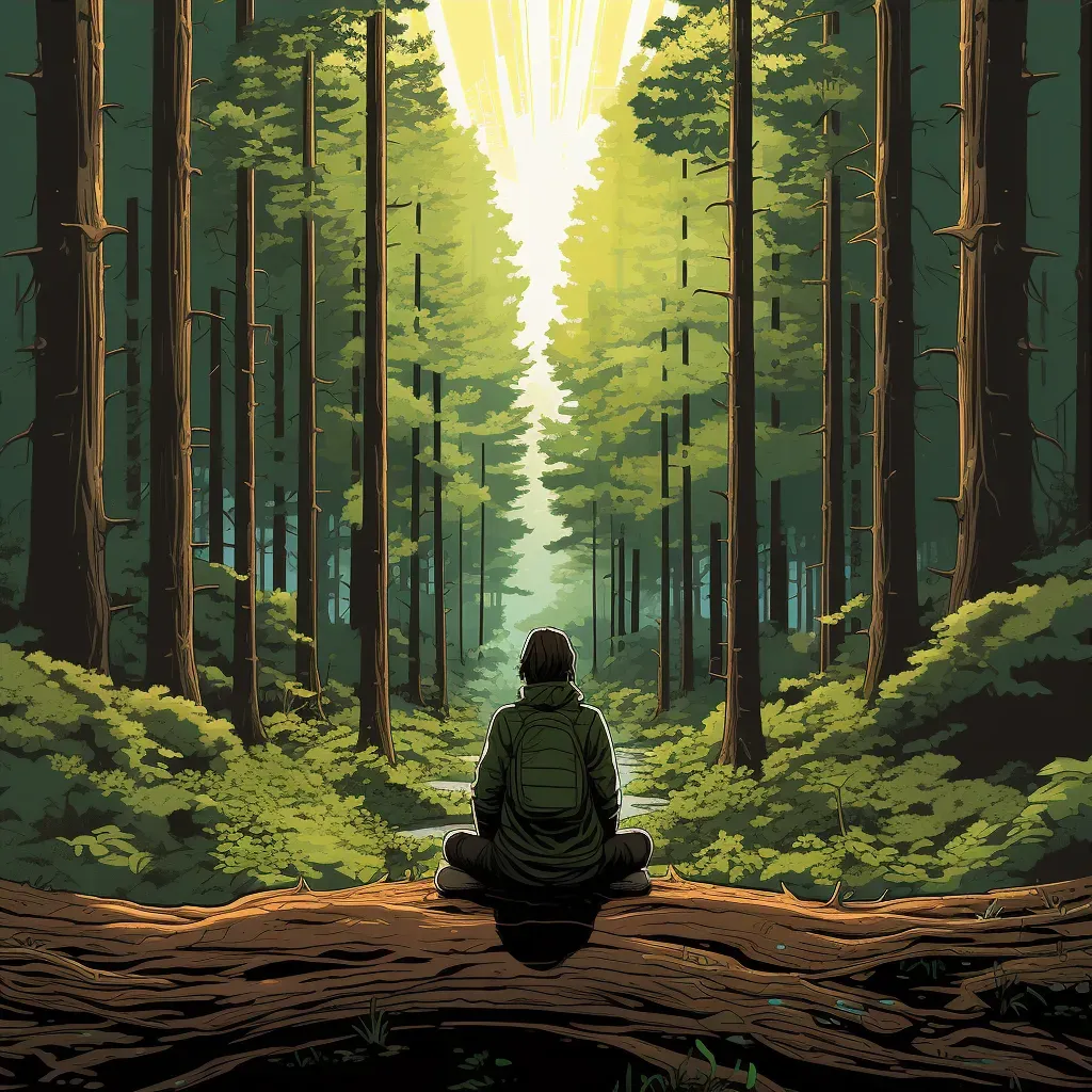 Image of a quiet, tranquil scene of a person meditating in a forest surrounded by tall, ancient trees - Image 3