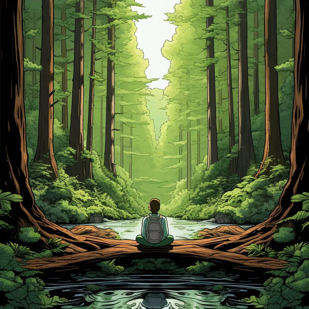 Image of a quiet, tranquil scene of a person meditating in a forest surrounded by tall, ancient trees - Image 4