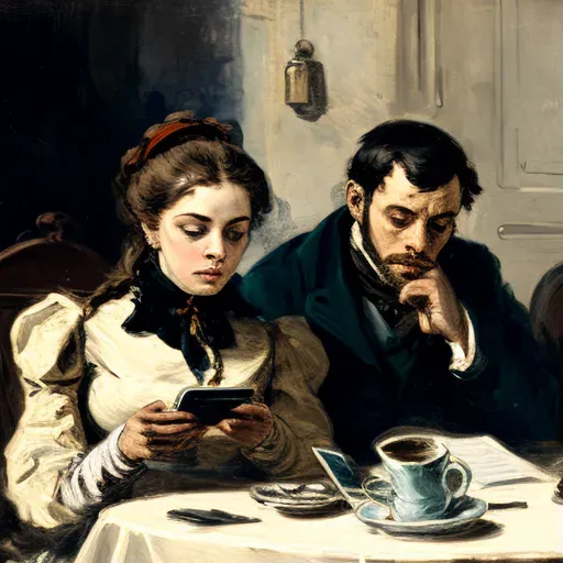 Illustration of a young couple using smartphones in a cafe with a cup of coffee - Image 1