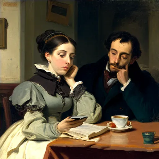 Illustration of a young couple using smartphones in a cafe with a cup of coffee - Image 4