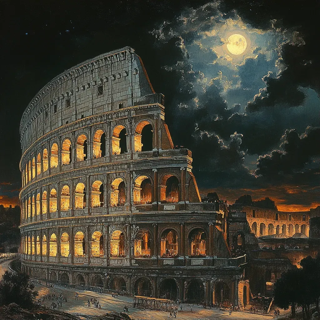 Nighttime view of the Colosseum under moonlight dramatically portrayed in Renaissance style - Image 3