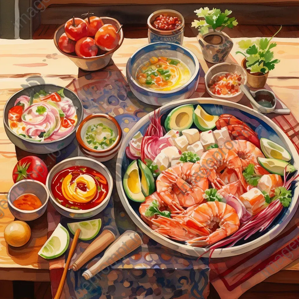 Bright watercolor painting of a Peruvian cevicheria at noon - Image 1