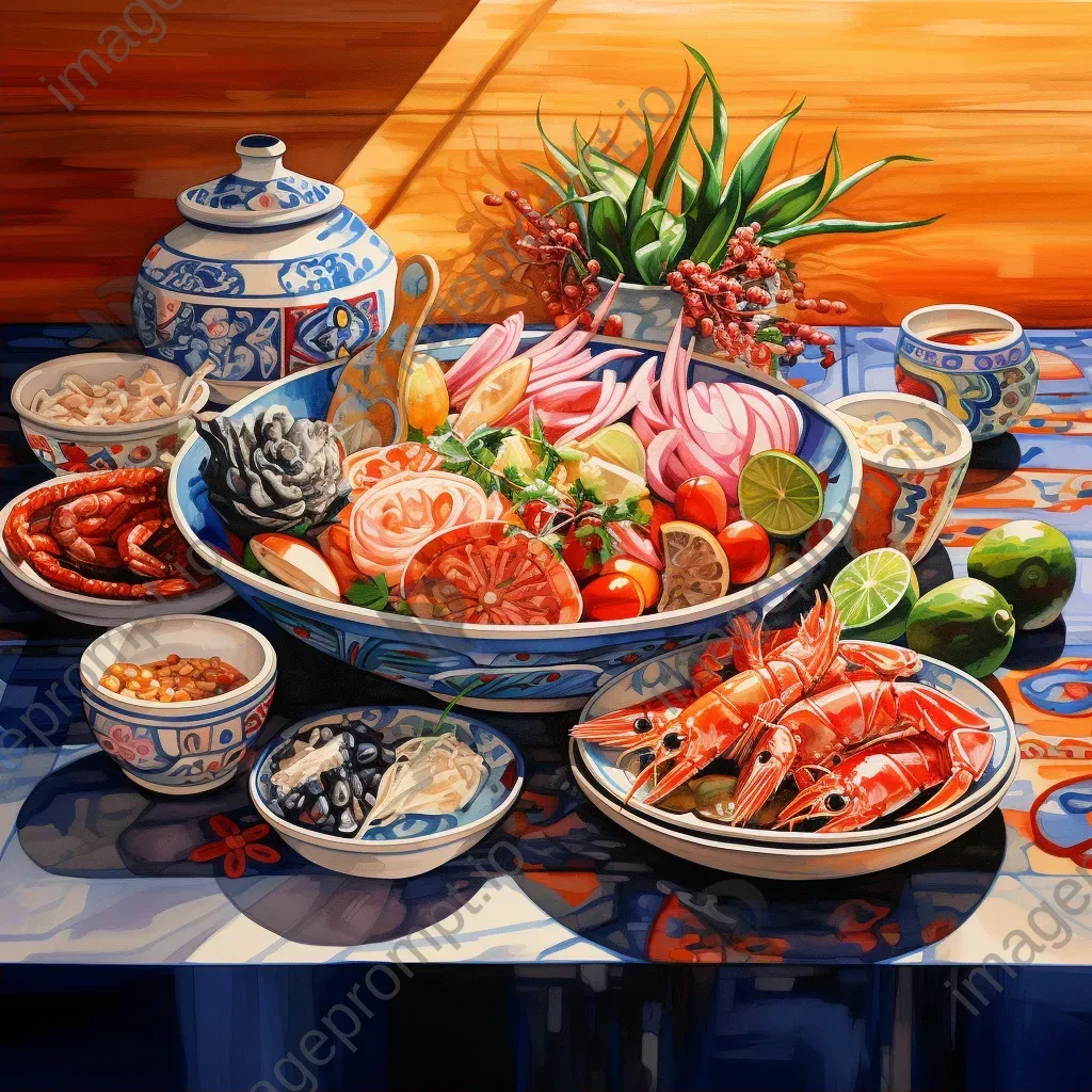 Bright watercolor painting of a Peruvian cevicheria at noon - Image 2