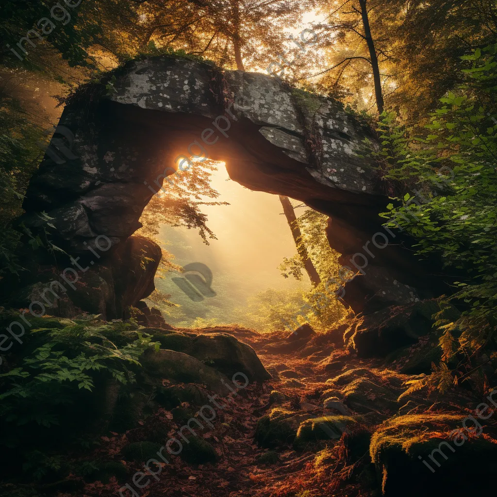 Rock arch surrounded by trees at dawn - Image 1