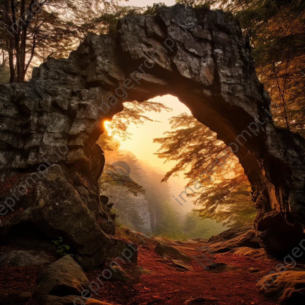 Rock arch surrounded by trees at dawn - Image 2