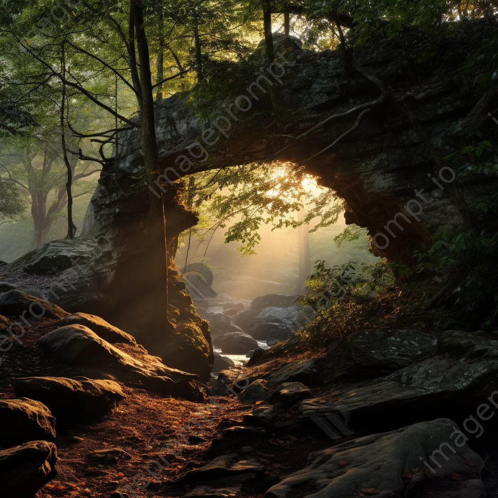 Rock arch surrounded by trees at dawn - Image 4