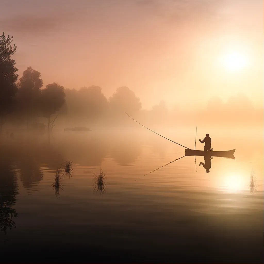 Peaceful fishing scene at dawn with a lone angler casting a line - Image 1