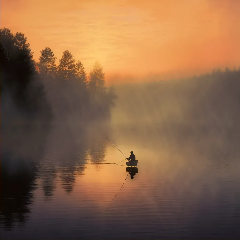 Peaceful fishing scene at dawn with a lone angler casting a line - Image 2