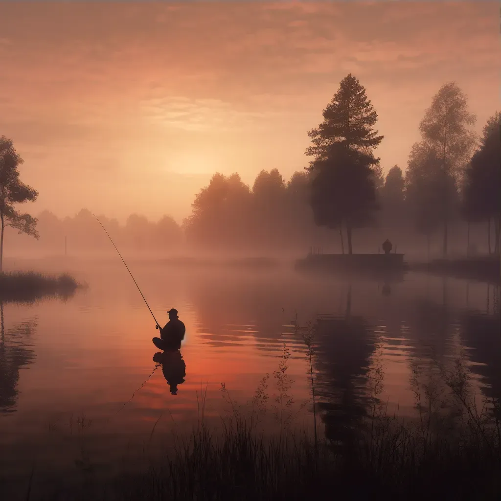 Peaceful fishing scene at dawn with a lone angler casting a line - Image 3