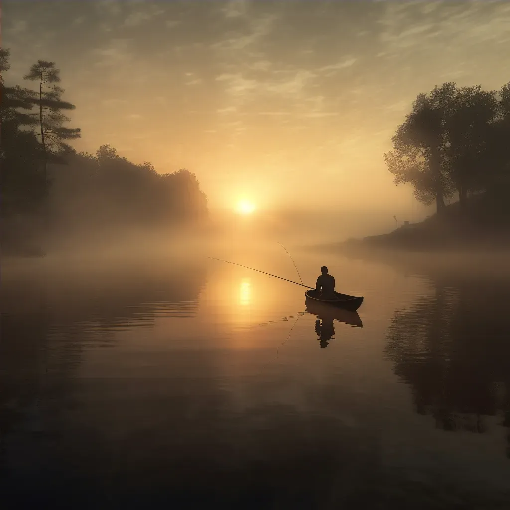 Peaceful fishing scene at dawn with a lone angler casting a line - Image 4