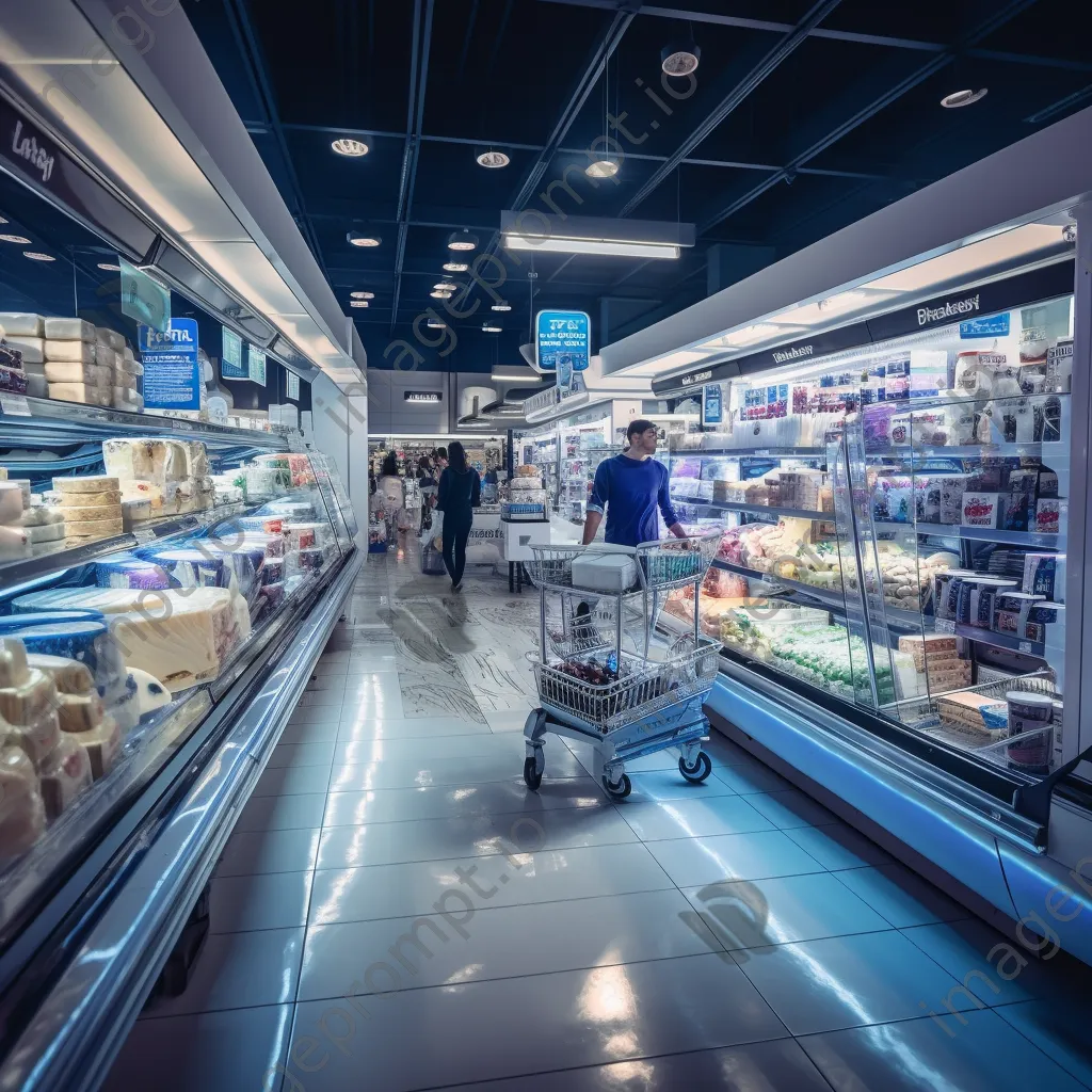 Dairy aisle filled with milk and cheese products in a supermarket. - Image 1