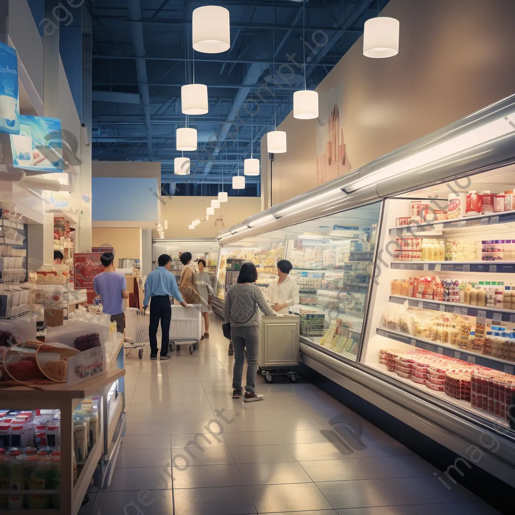 Dairy aisle filled with milk and cheese products in a supermarket. - Image 4