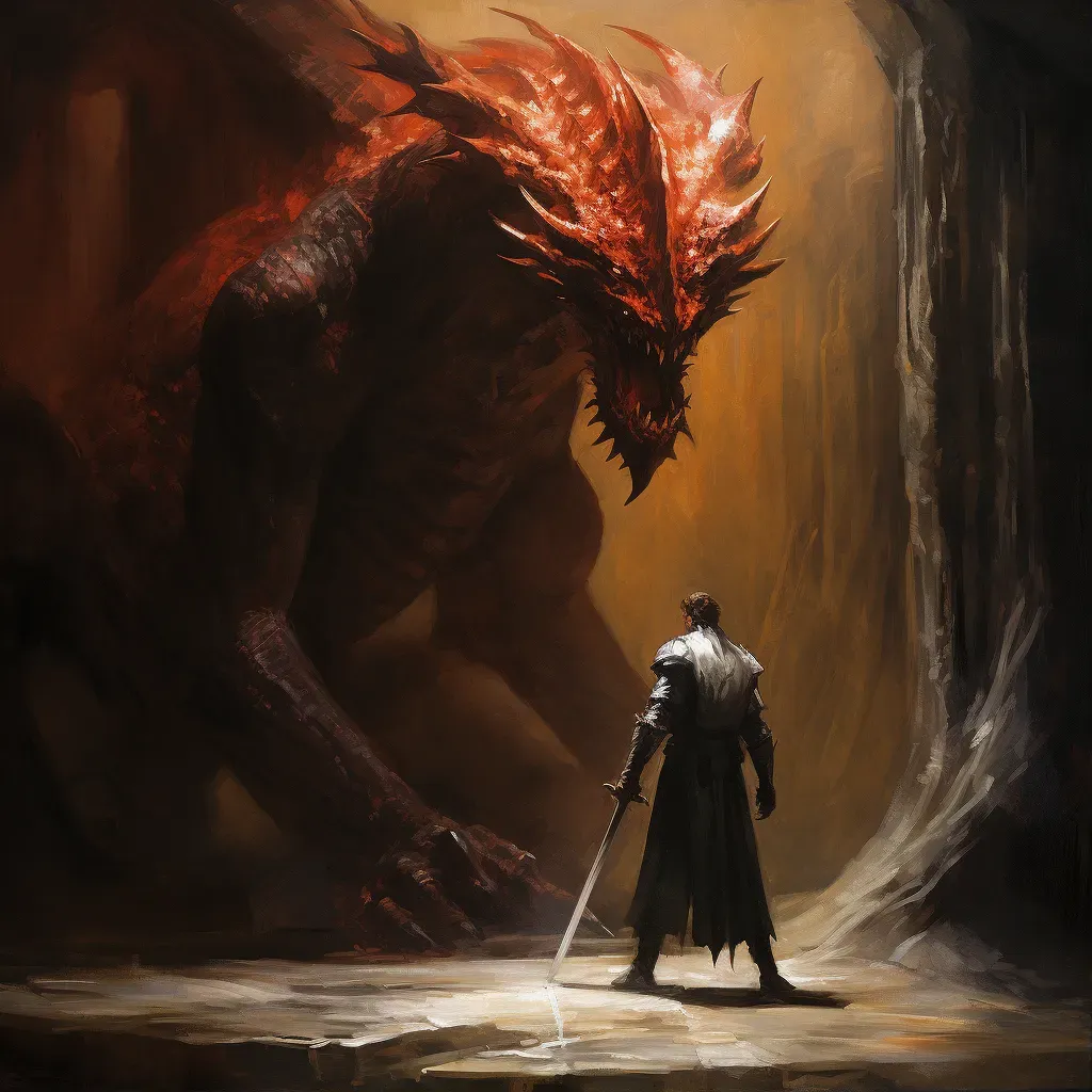 Image of knight confronting dragon in dark cave - Image 1