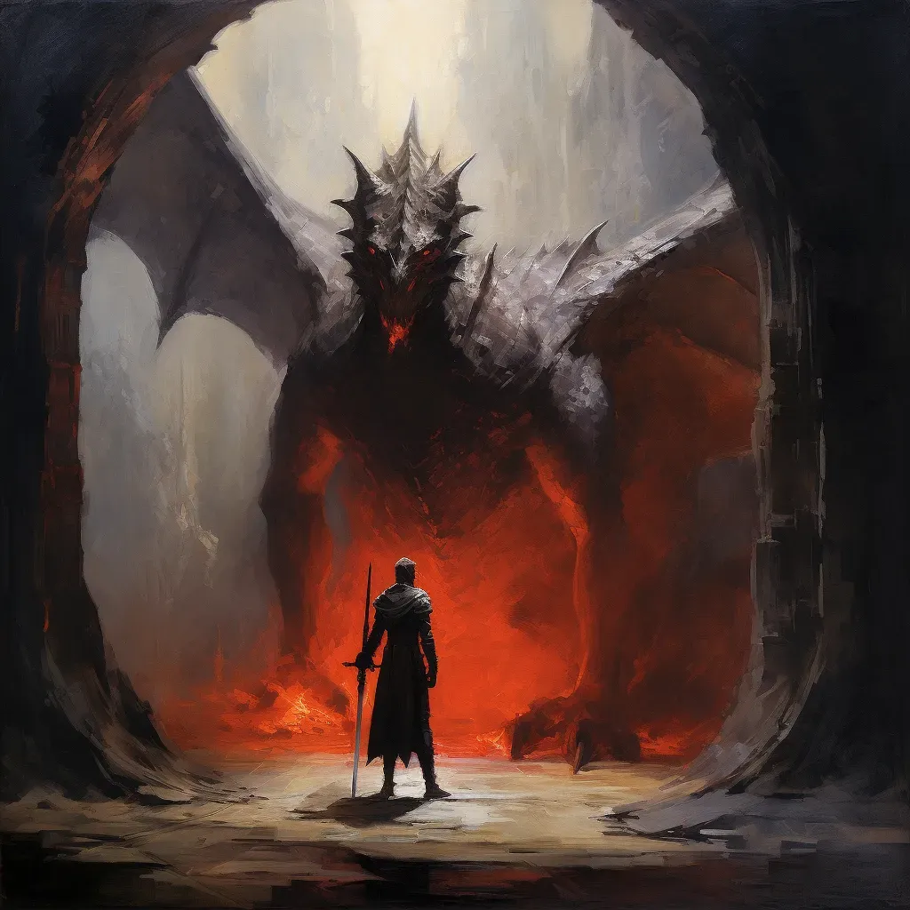 Image of knight confronting dragon in dark cave - Image 2