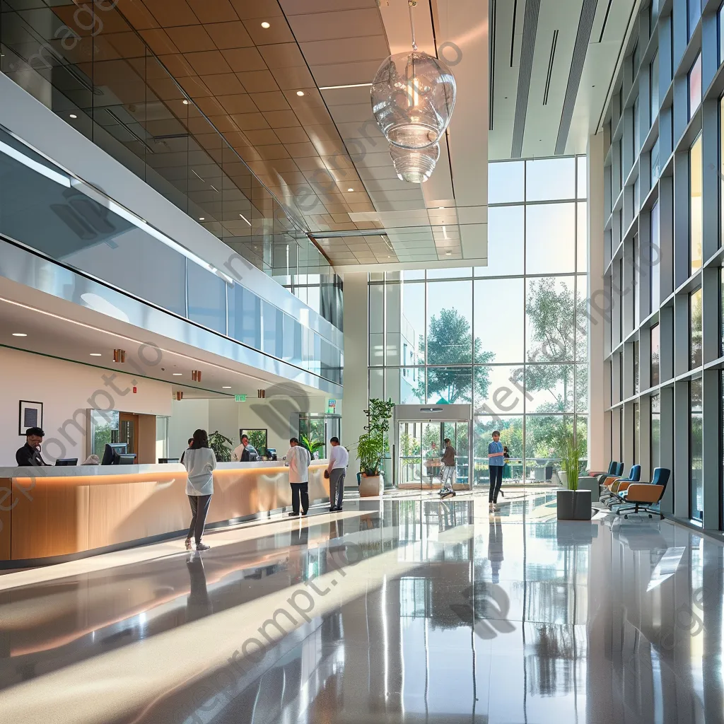 Patients checking in at a modern hospital lobby with large windows and reception desk. - Image 1