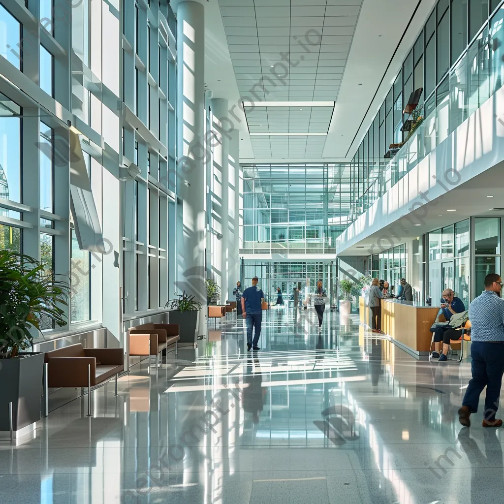 Patients checking in at a modern hospital lobby with large windows and reception desk. - Image 2