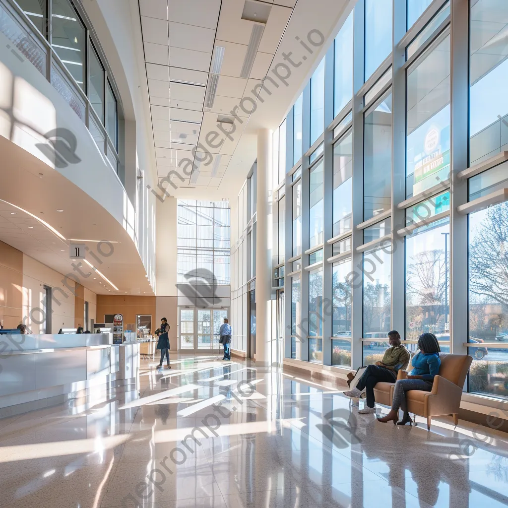 Patients checking in at a modern hospital lobby with large windows and reception desk. - Image 3