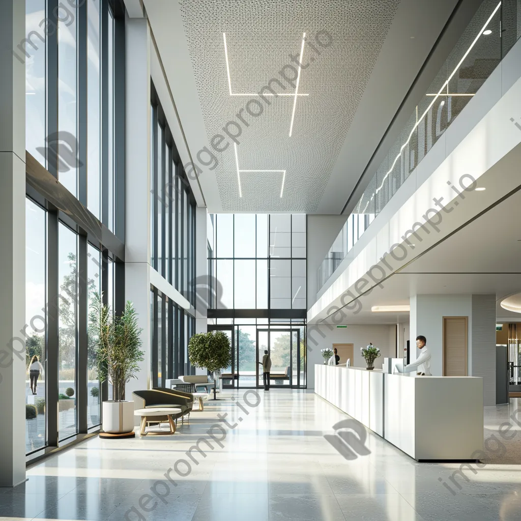 Patients checking in at a modern hospital lobby with large windows and reception desk. - Image 4