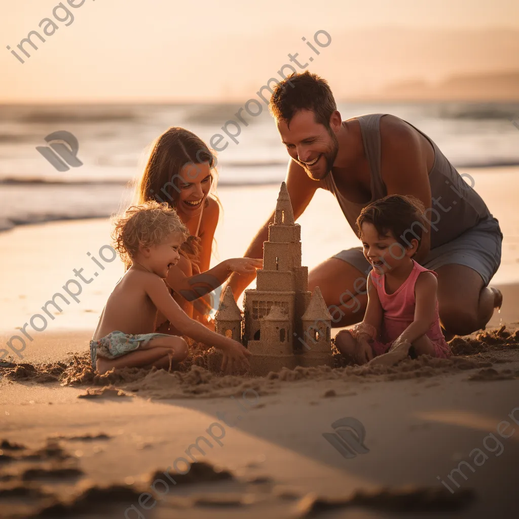 Family building sandcastles and playing in the waves at the beach. - Image 1