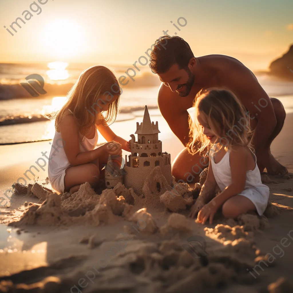 Family building sandcastles and playing in the waves at the beach. - Image 2