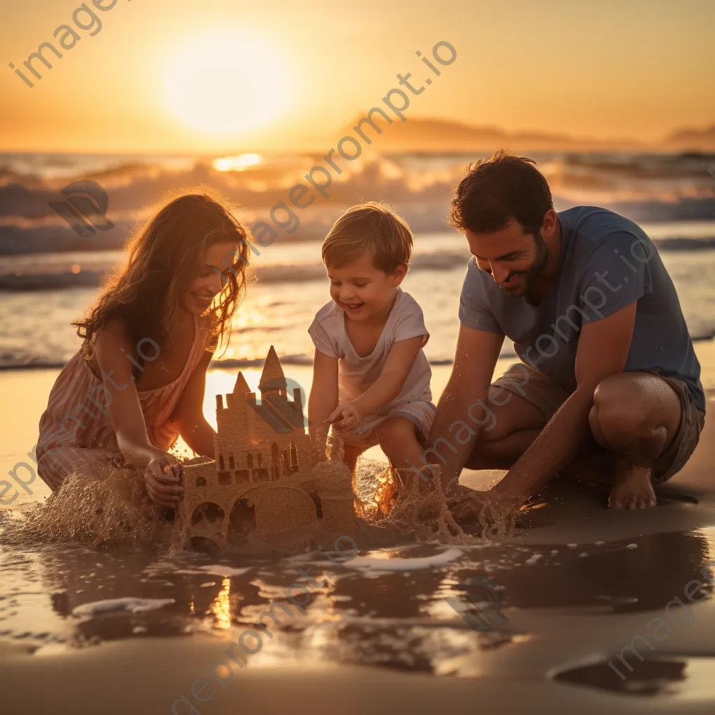 Family building sandcastles and playing in the waves at the beach. - Image 3