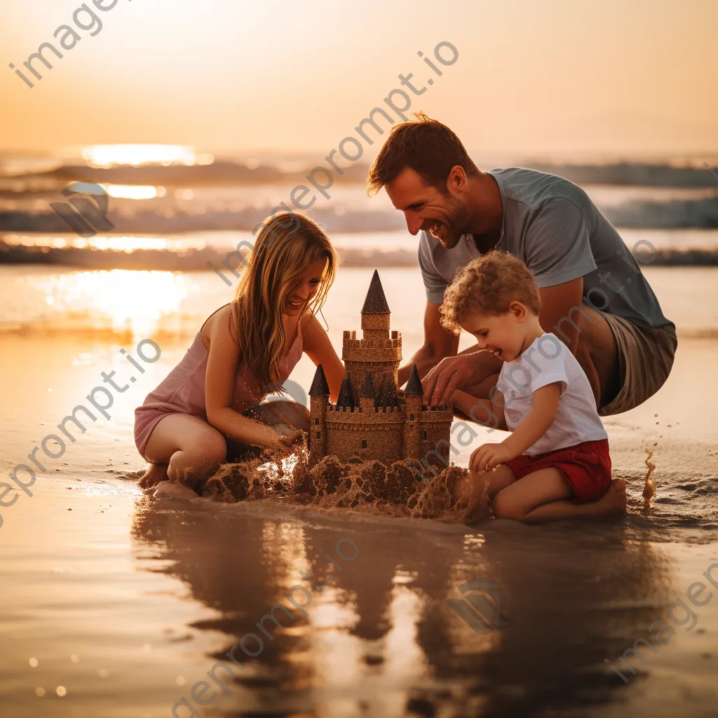 Family building sandcastles and playing in the waves at the beach. - Image 4