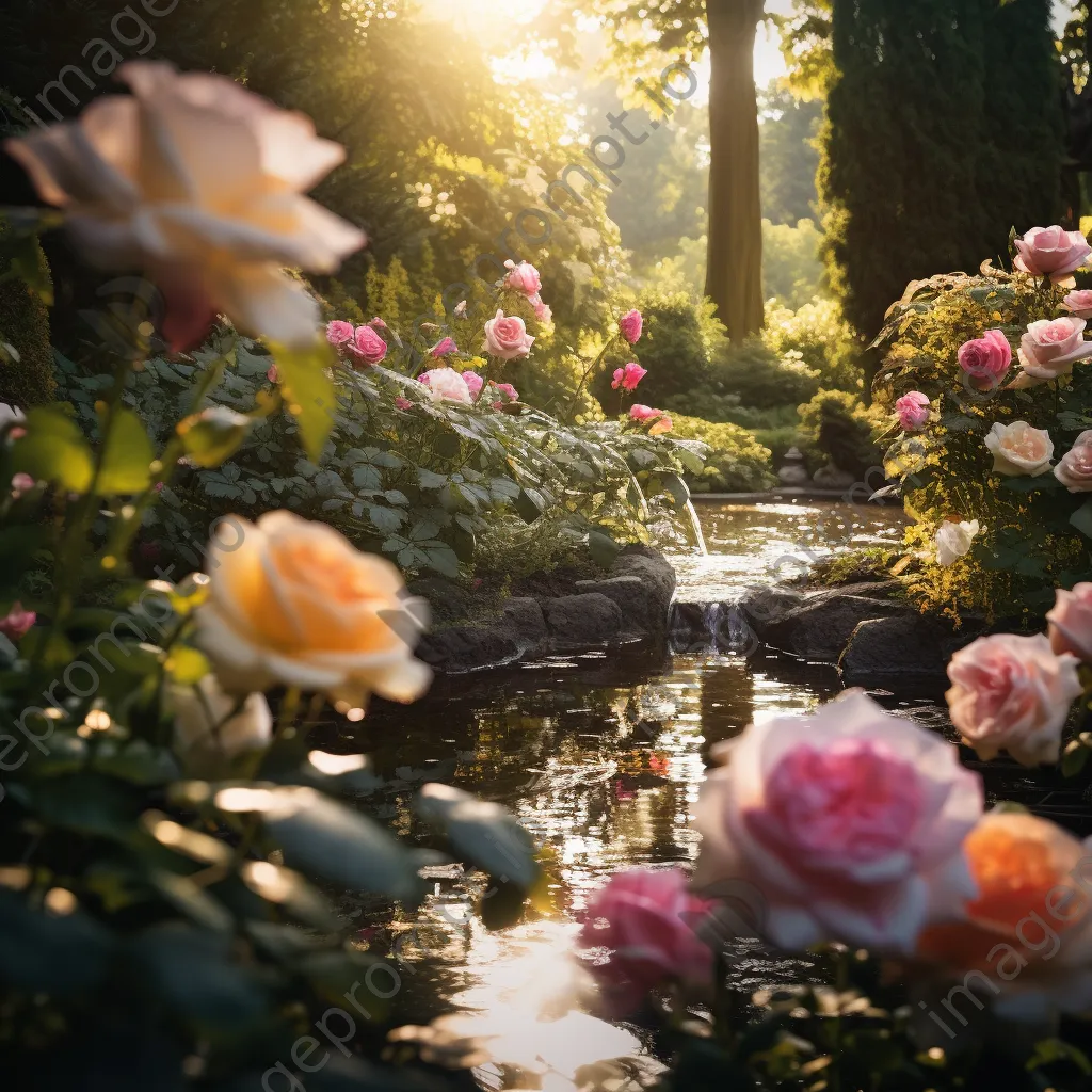 A tranquil garden featuring blooming roses with sunlight filtering through foliage. - Image 1