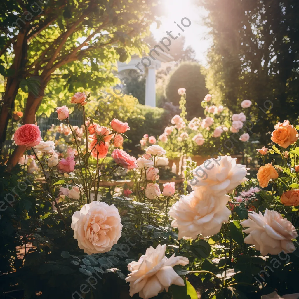 A tranquil garden featuring blooming roses with sunlight filtering through foliage. - Image 3