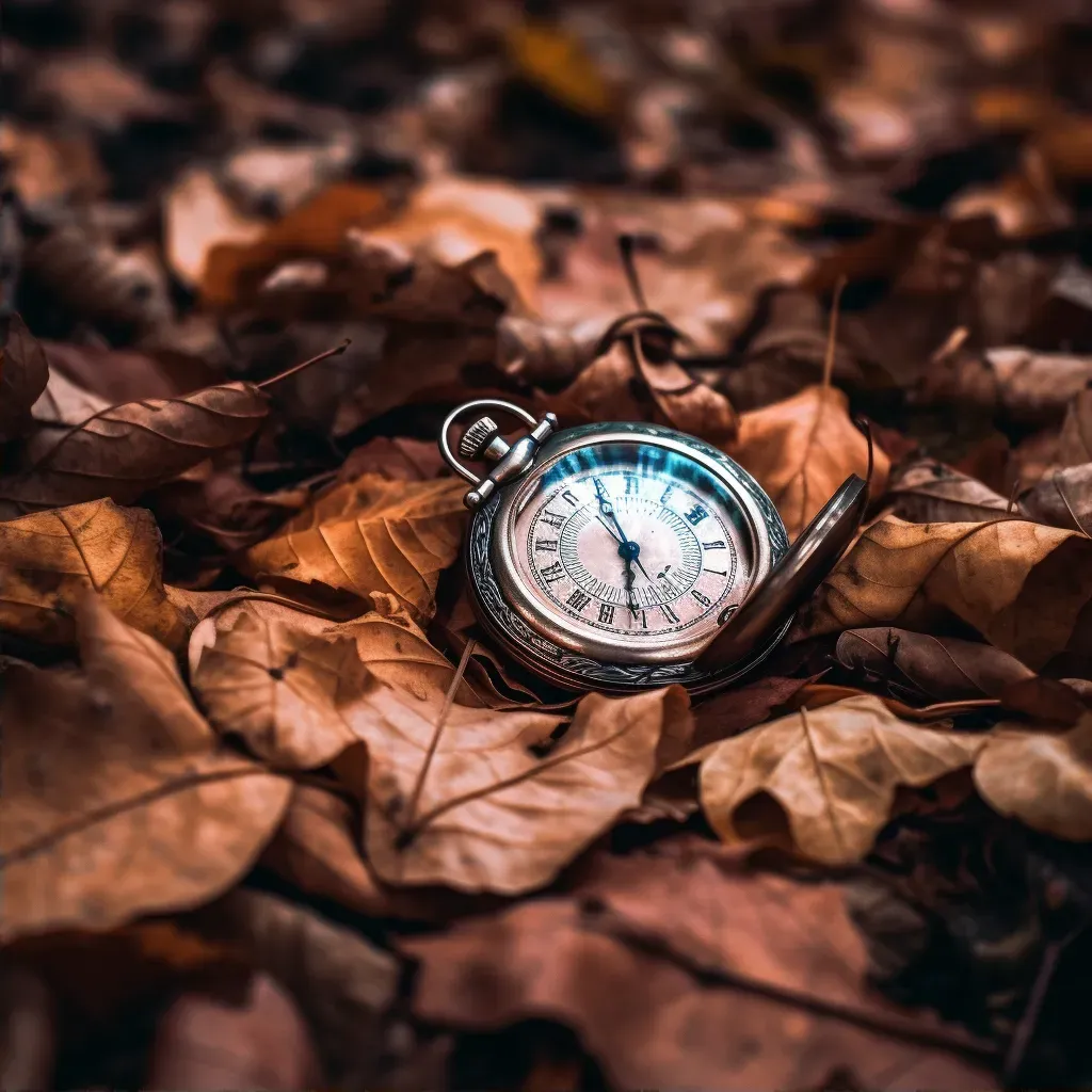 Illustration of an old pocket watch placed on autumn leaves - Image 2