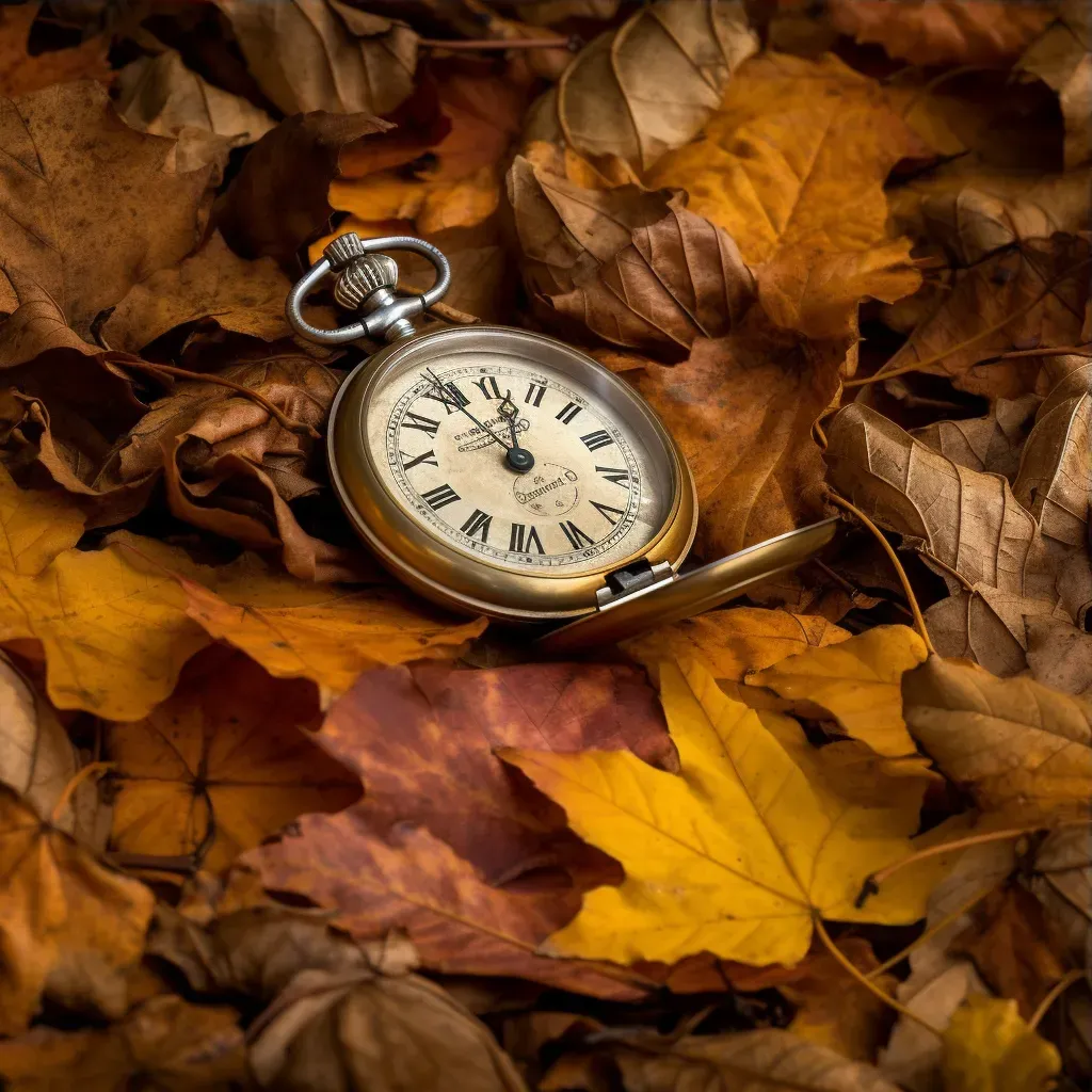 Illustration of an old pocket watch placed on autumn leaves - Image 3