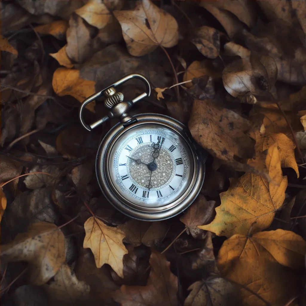 Illustration of an old pocket watch placed on autumn leaves - Image 4