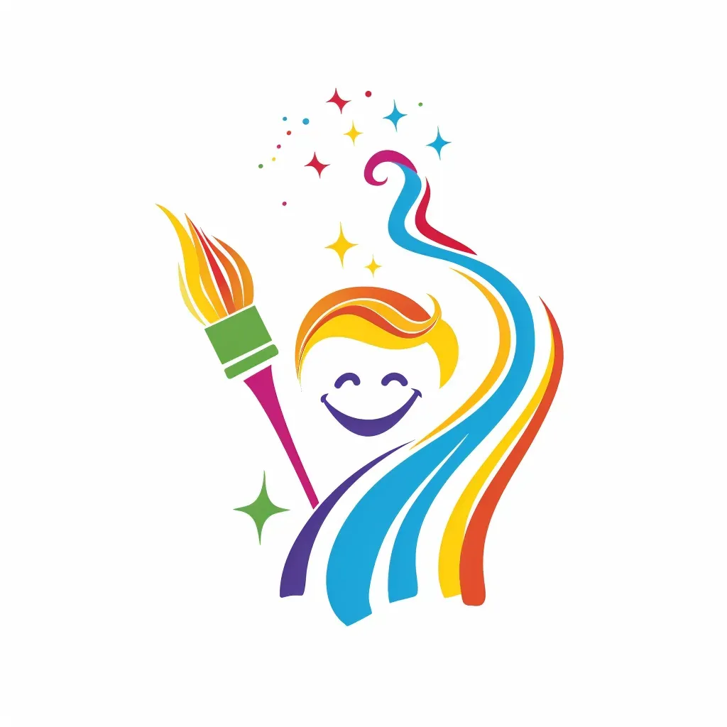 Logo with a paintbrush making a rainbow path, leading to a smiling child