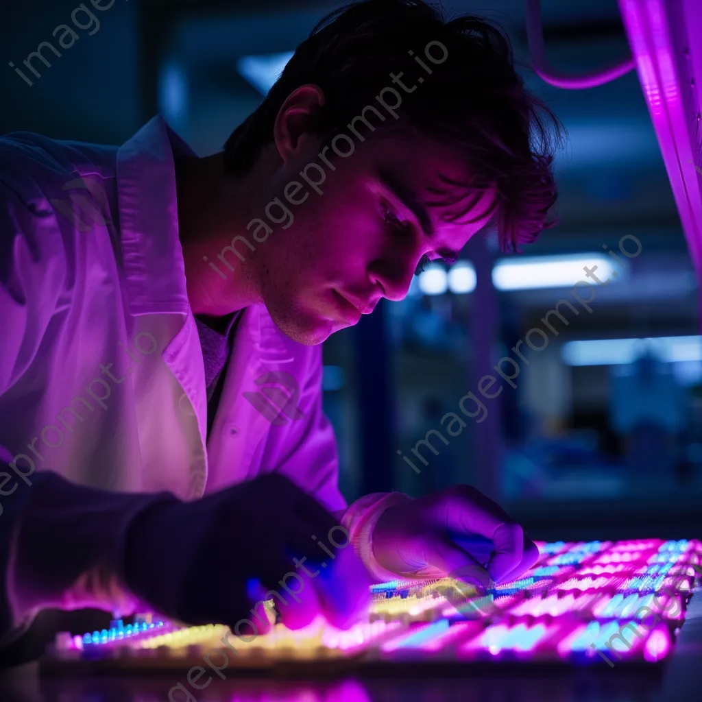 Lab experiment with gel electrophoresis and fluorescent samples. - Image 1