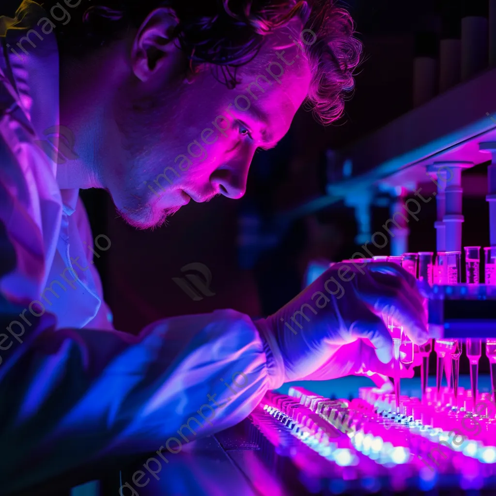 Lab experiment with gel electrophoresis and fluorescent samples. - Image 2