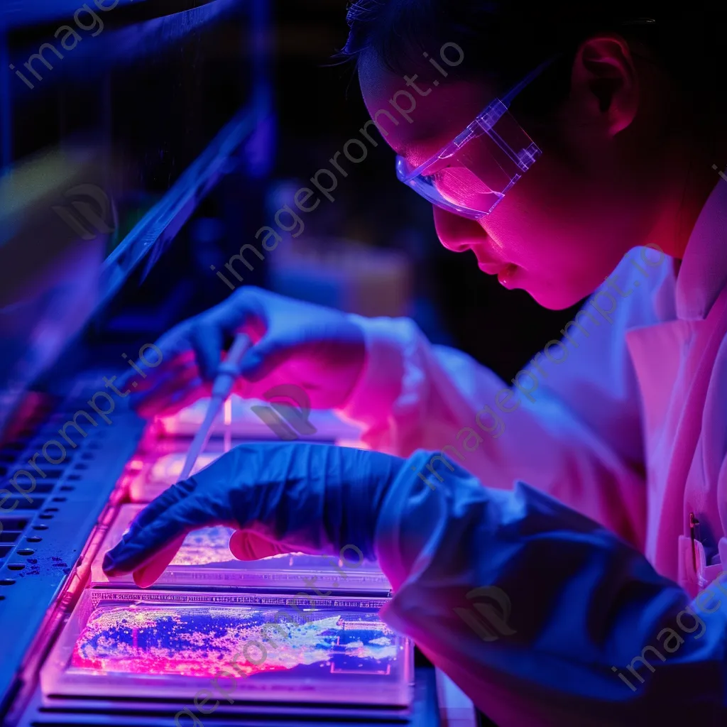 Lab experiment with gel electrophoresis and fluorescent samples. - Image 3