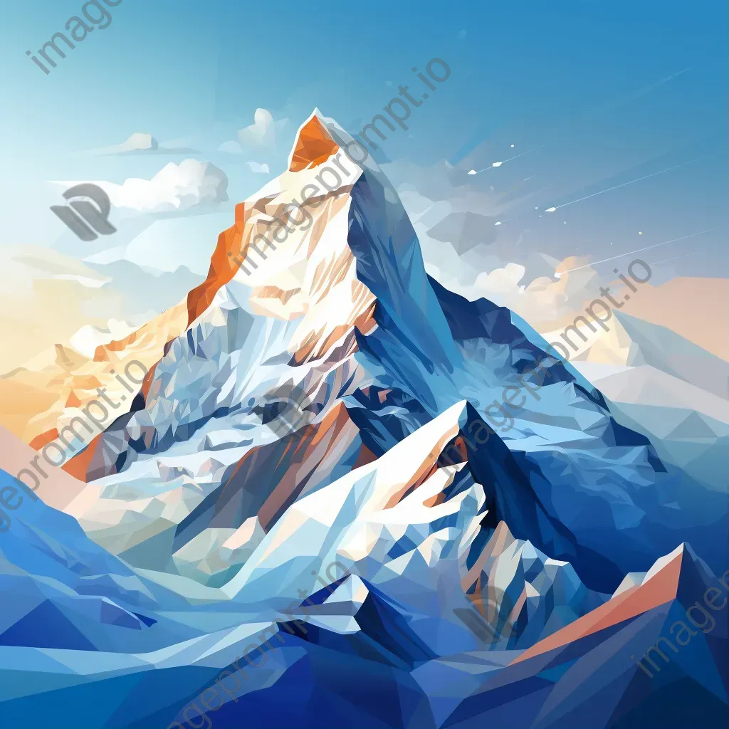 Low poly depiction of a majestic snowy mountain peak with icy cliffs and swirling snowflakes - Image 1